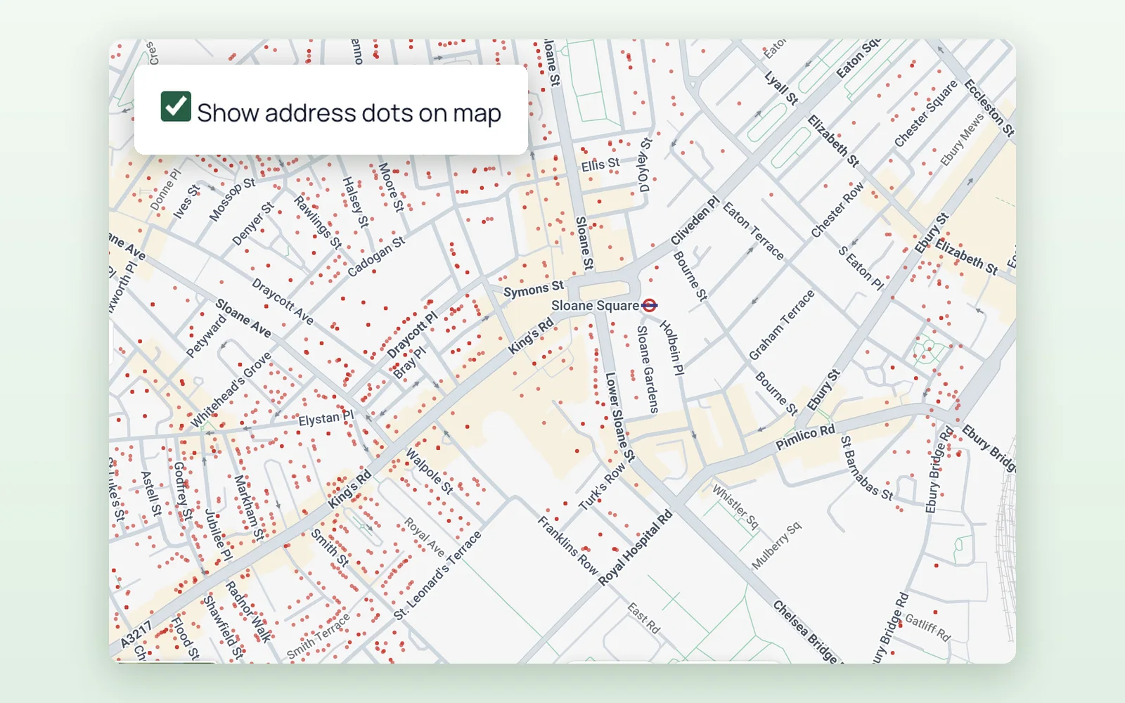 A street map around Sloane Square with a red dot for every address, and the Show address dots on map option ticked