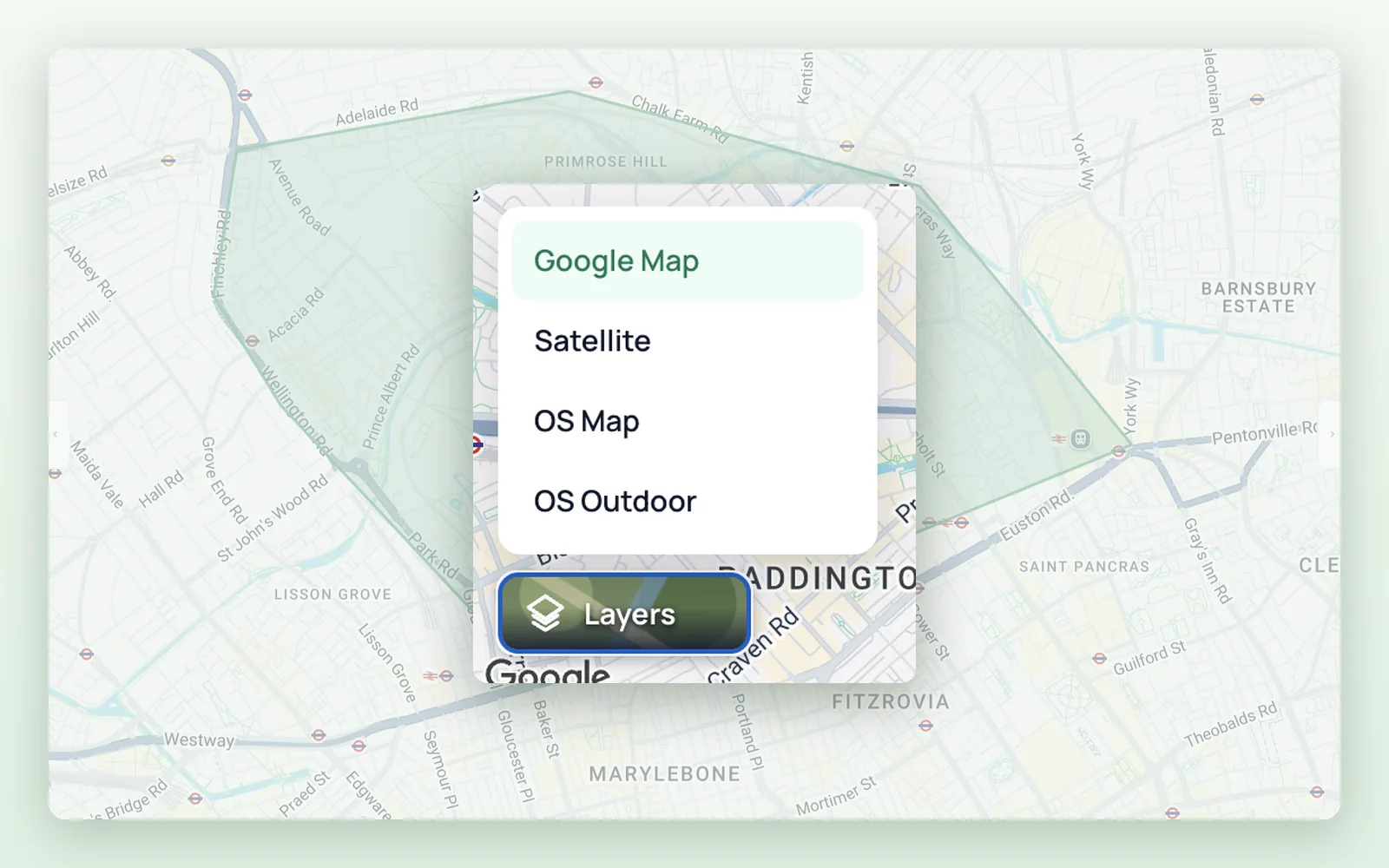 The Layers menu offering Google Map, Satellite, OS Map and OS Outdoor