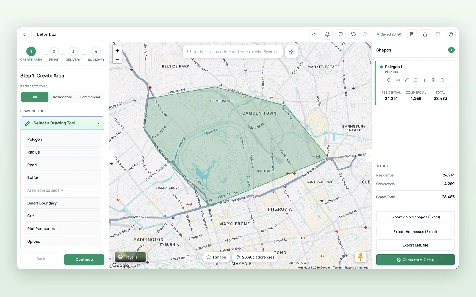 The redesigned Engage map editor: step tracker and drawing tools on the left, a drawn area over Camden in the middle, and shape totals on the right