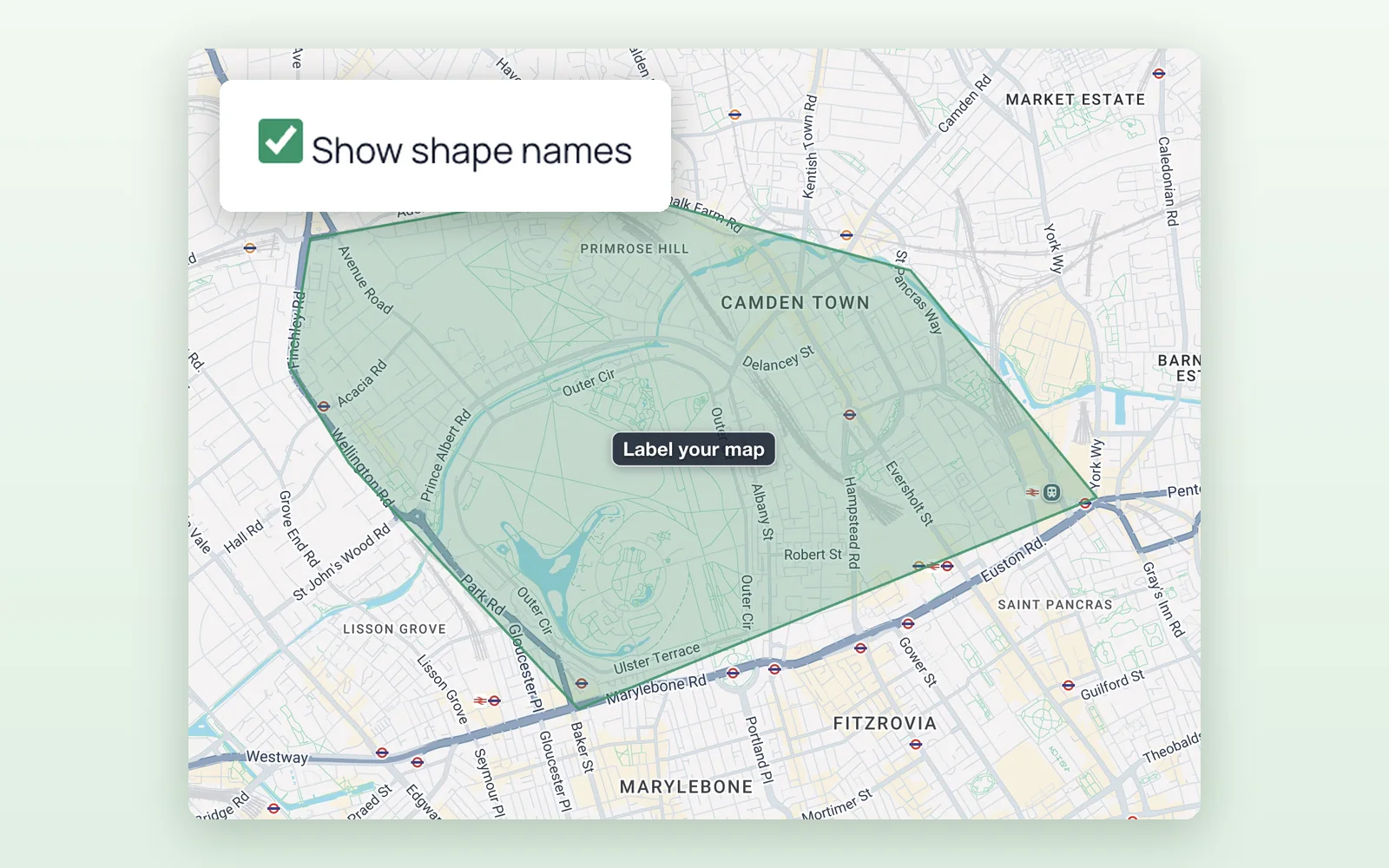 A drawn area over Camden labelled Label your map, with the Show shape names option ticked